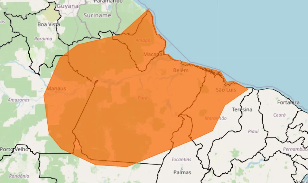 A imagem mostra as áreas em alerta para chuva intensa